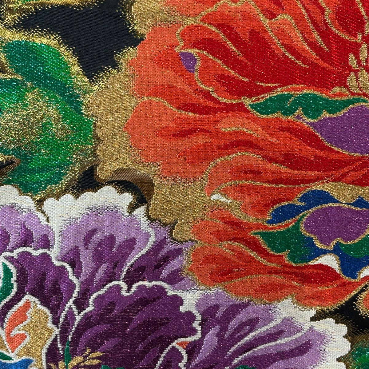 【美品】 袋帶 秀品級 草花紋 金銀彩 金金箔 黑 六通 純蠶絲