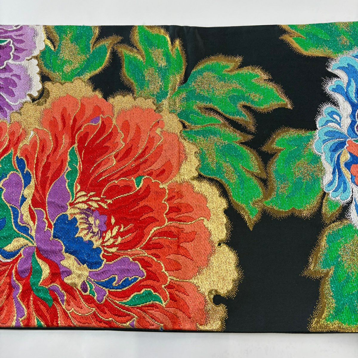 【美品】 袋帶 秀品級 草花紋 金銀彩 金金箔 黑 六通 純蠶絲