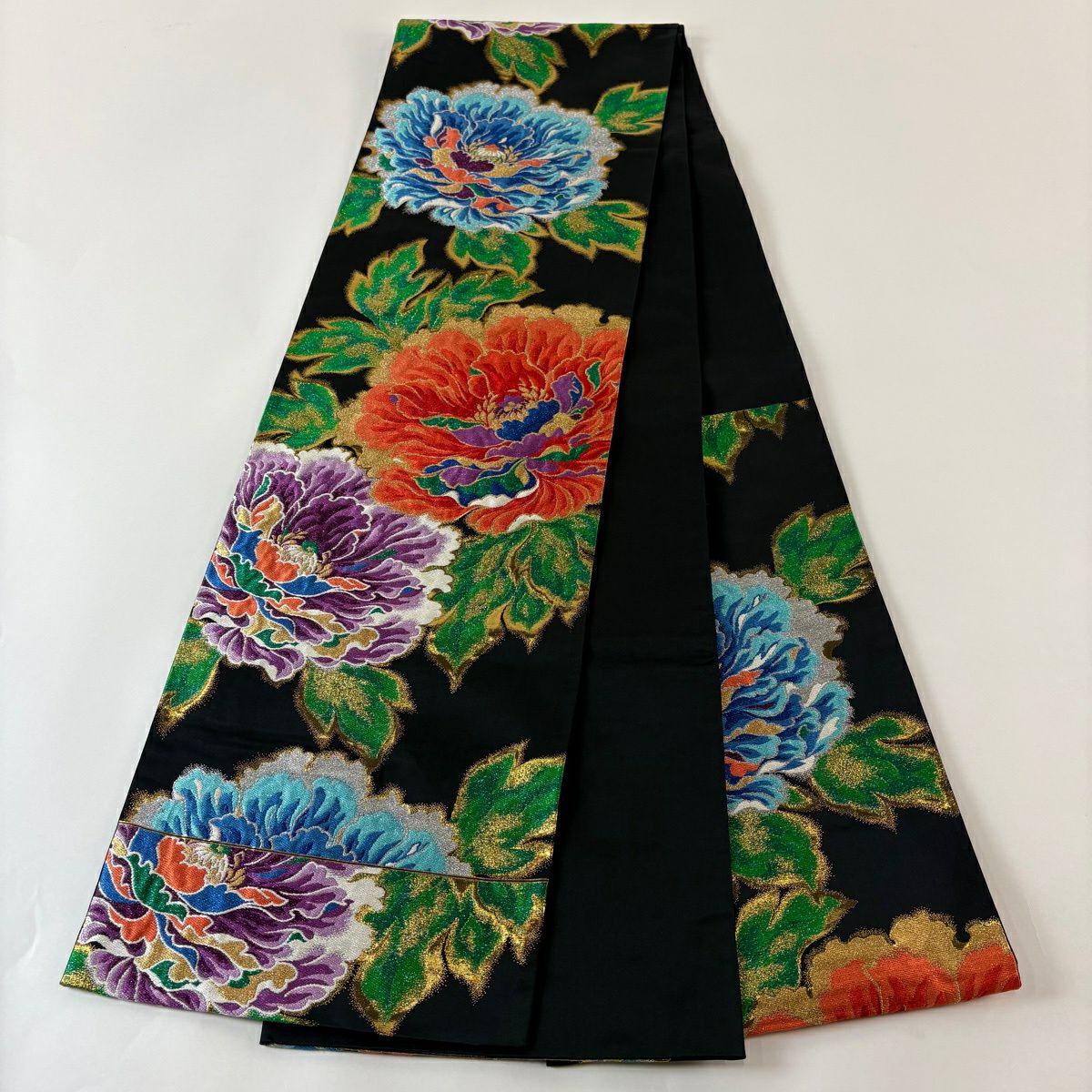 【美品】 袋帶 秀品級 草花紋 金銀彩 金金箔 黑 六通 純蠶絲