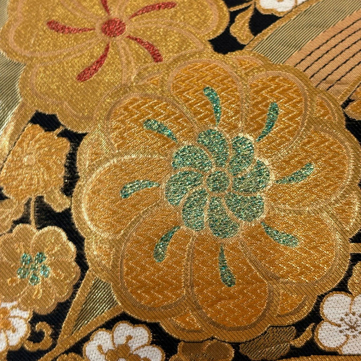 袋帶 秀品級 草花紋紋 蝶 金絲 金金箔 金色 六通 純蠶絲