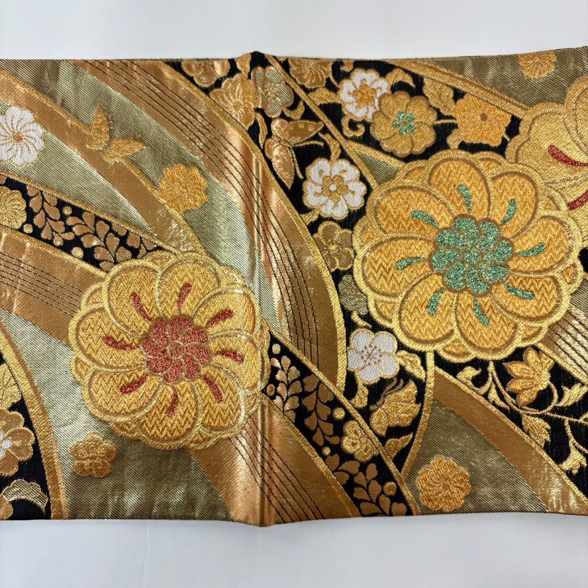 袋帶 秀品級 草花紋紋 蝶 金絲 金金箔 金色 六通 純蠶絲