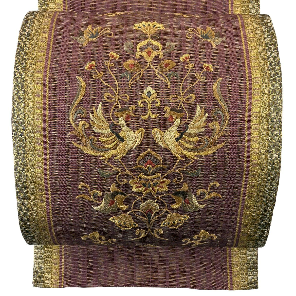 【美品】 袋帶 秀品級 向鳥 草花紋 金糸 刺繡 茶紫 お太鼓柄 純蠶絲