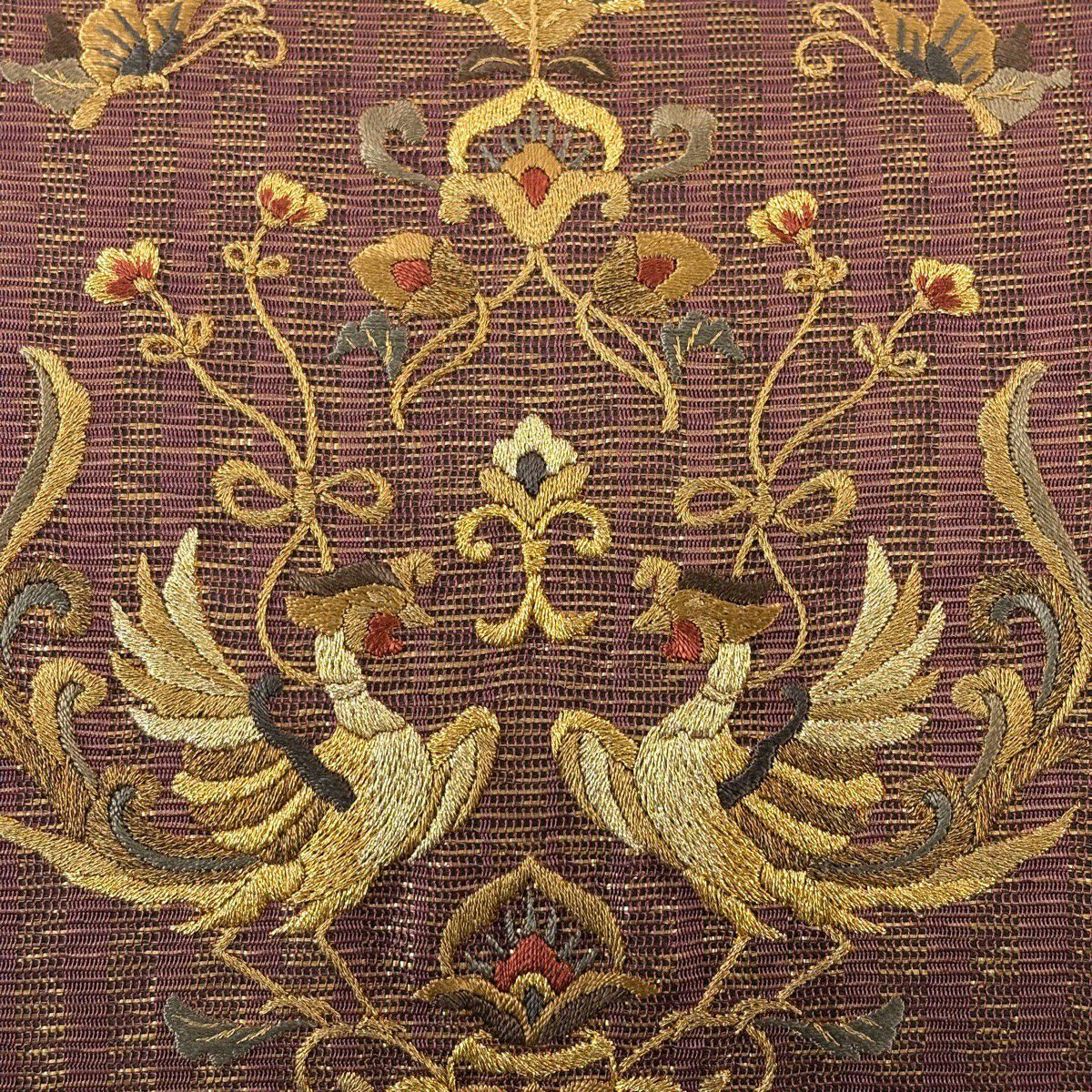 【美品】 袋帶 秀品級 向鳥 草花紋 金糸 刺繡 茶紫 お太鼓柄 純蠶絲