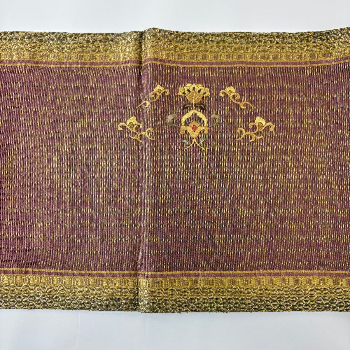 【美品】 袋帶 秀品級 向鳥 草花紋 金糸 刺繡 茶紫 お太鼓柄 純蠶絲