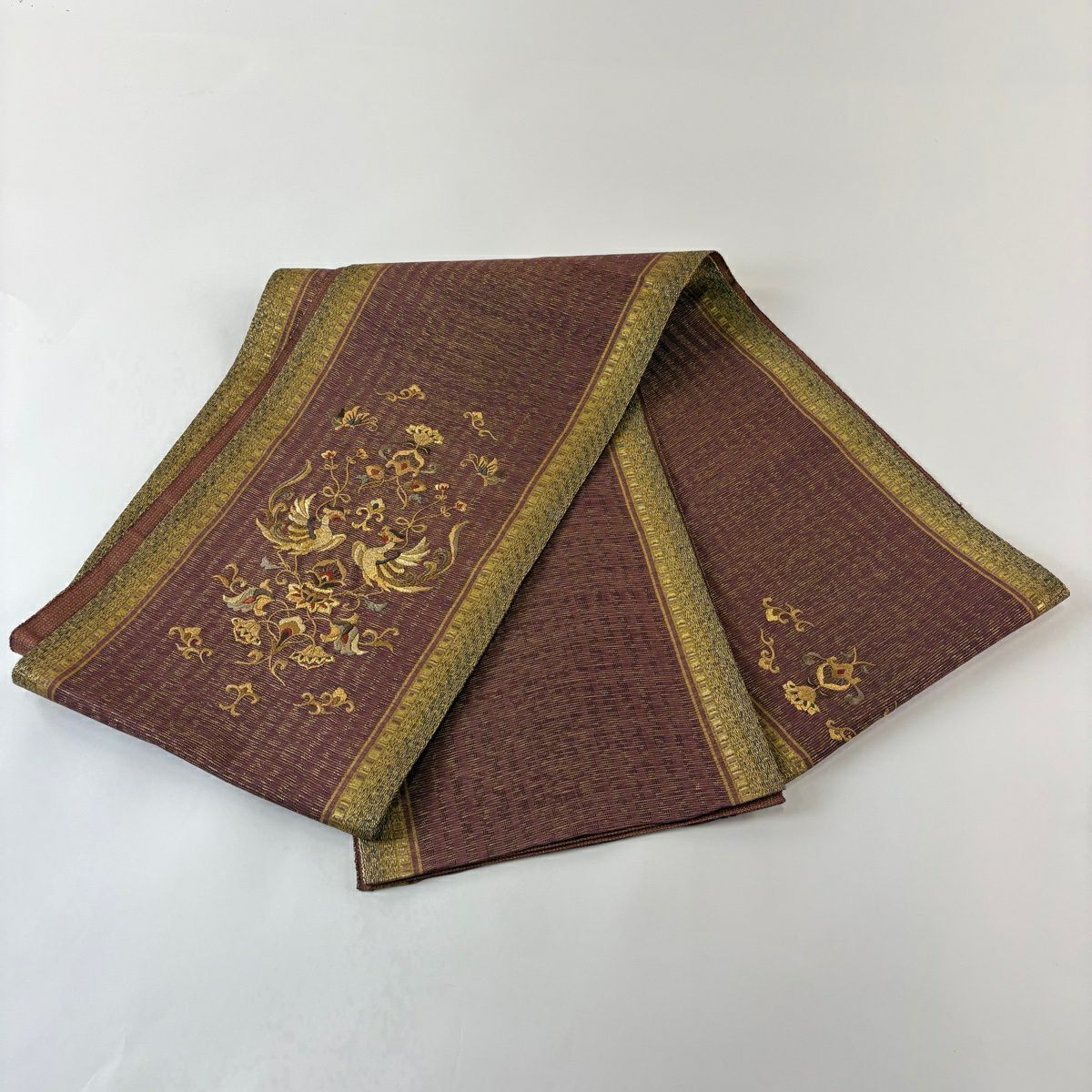 【美品】 袋帶 秀品級 向鳥 草花紋 金糸 刺繡 茶紫 お太鼓柄 純蠶絲