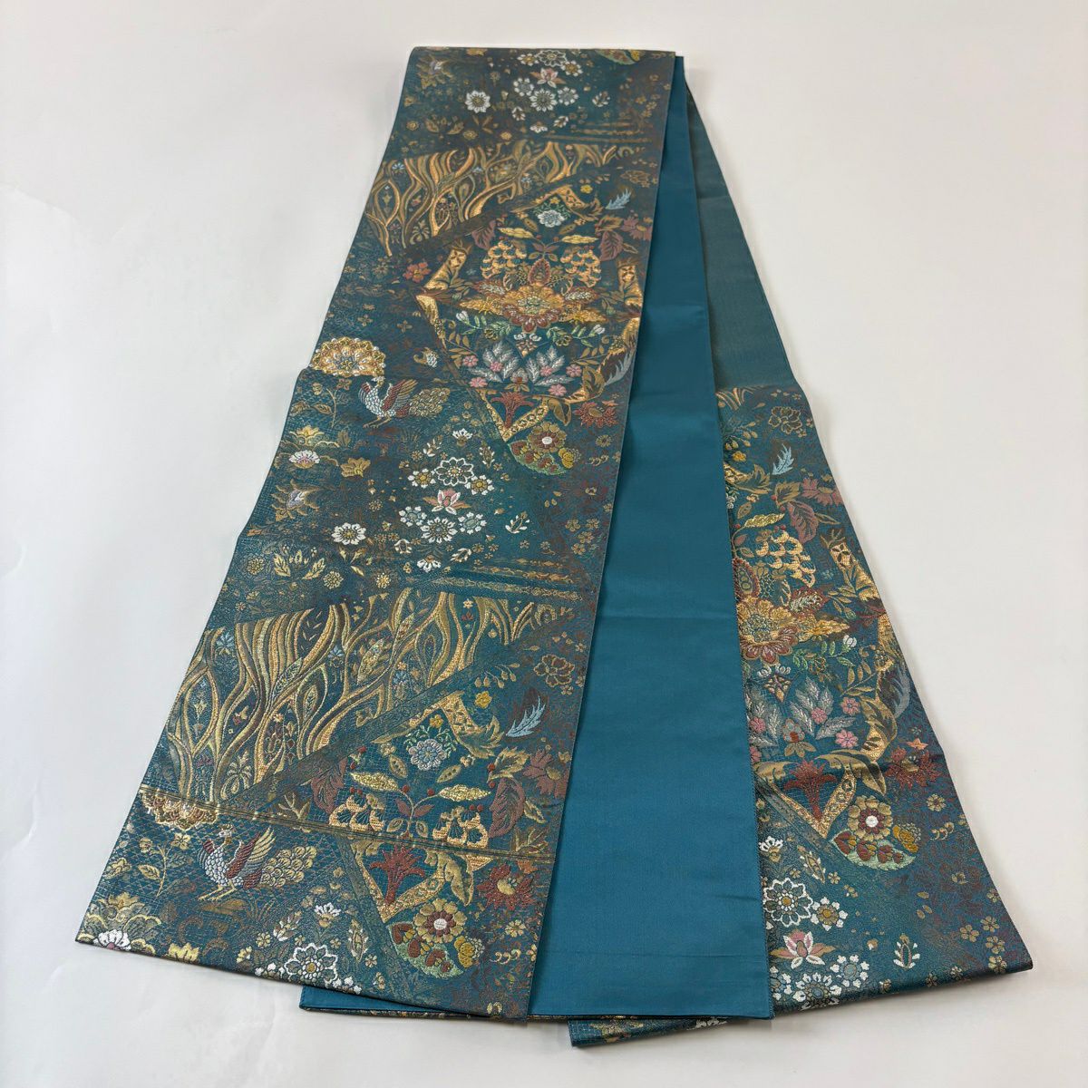 【美品】 袋帶 秀品級 華紋 孔雀 金銀彩 金金箔 青綠 六通 純蠶絲