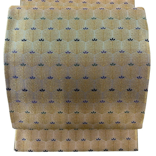【美品】 袋帶 名古屋帶 秀品級 若松樹 龜甲 金絲 米色 純蠶絲