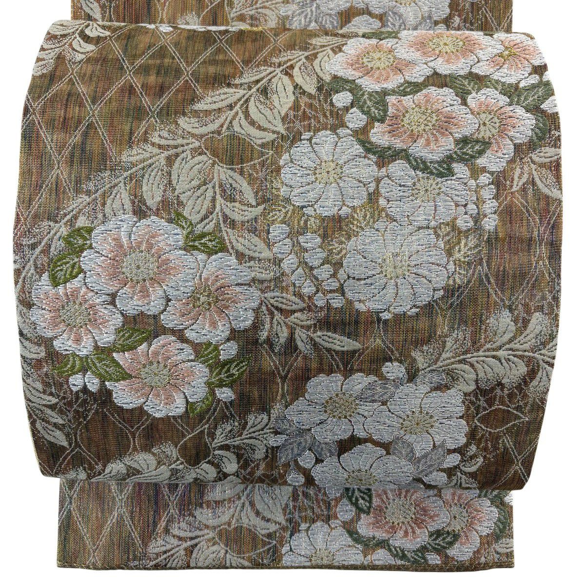 【美品】 袋帶 秀品級 證書齊全 花丸紋 菱形 金銀線 唐織 茶綠 六通 純蠶絲