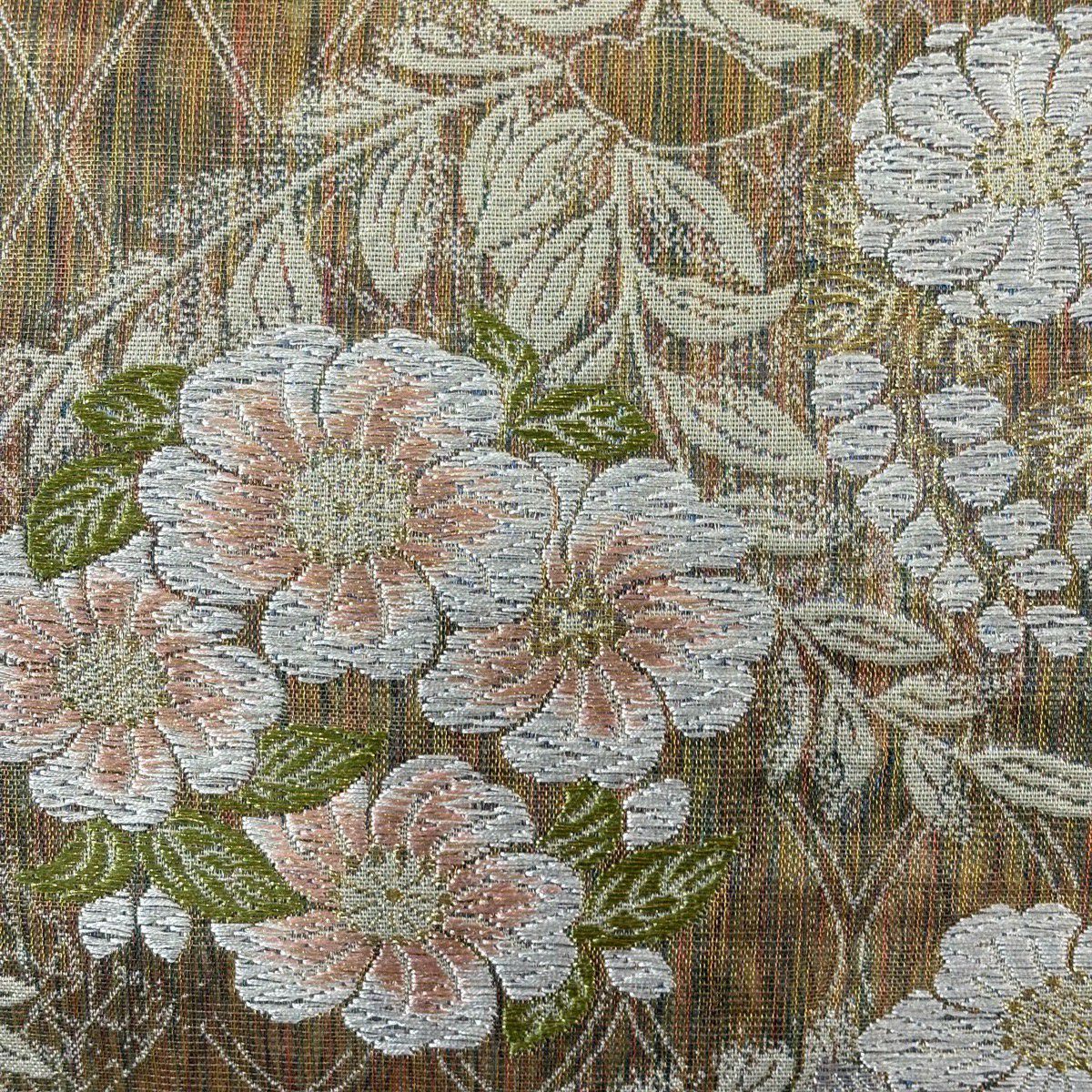【美品】 袋帶 秀品級 證書齊全 花丸紋 菱形 金銀線 唐織 茶綠 六通 純蠶絲