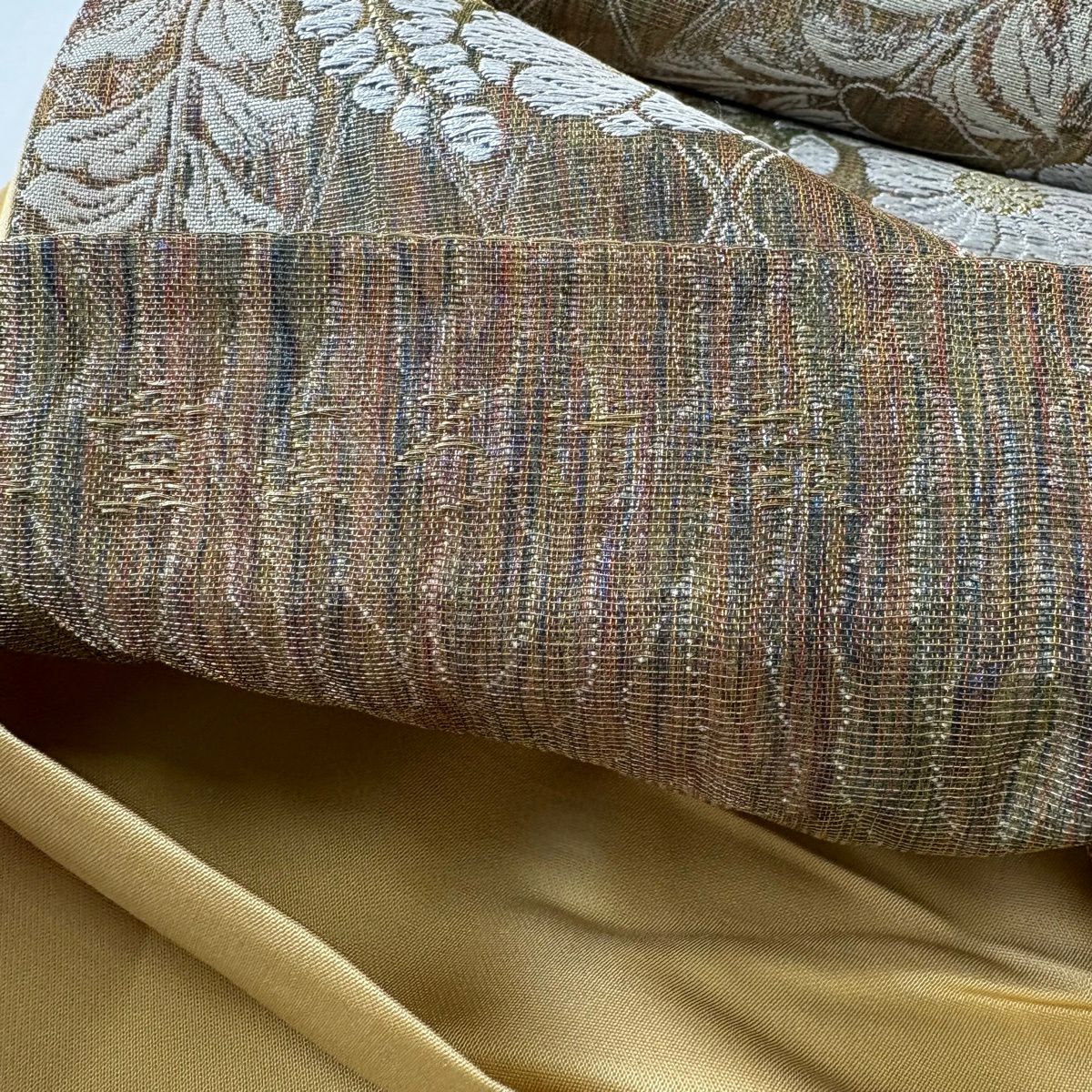 【美品】 袋帶 秀品級 證書齊全 花丸紋 菱形 金銀線 唐織 茶綠 六通 純蠶絲