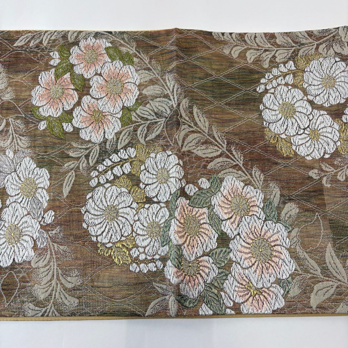 【美品】 袋帶 秀品級 證書齊全 花丸紋 菱形 金銀線 唐織 茶綠 六通 純蠶絲