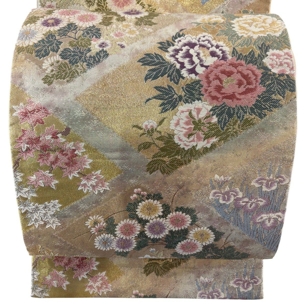 【美品】 袋帶 秀品級 草花紋紋 流水 金銀彩 金金箔 米色 六通 純蠶絲