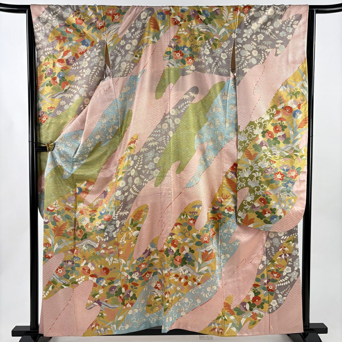 振袖禮服 身長159.5cm 袖長64cm M 雙層 菊花 草花紋紋 金絲 金銀彩 粉色 純蠶絲 秀品級