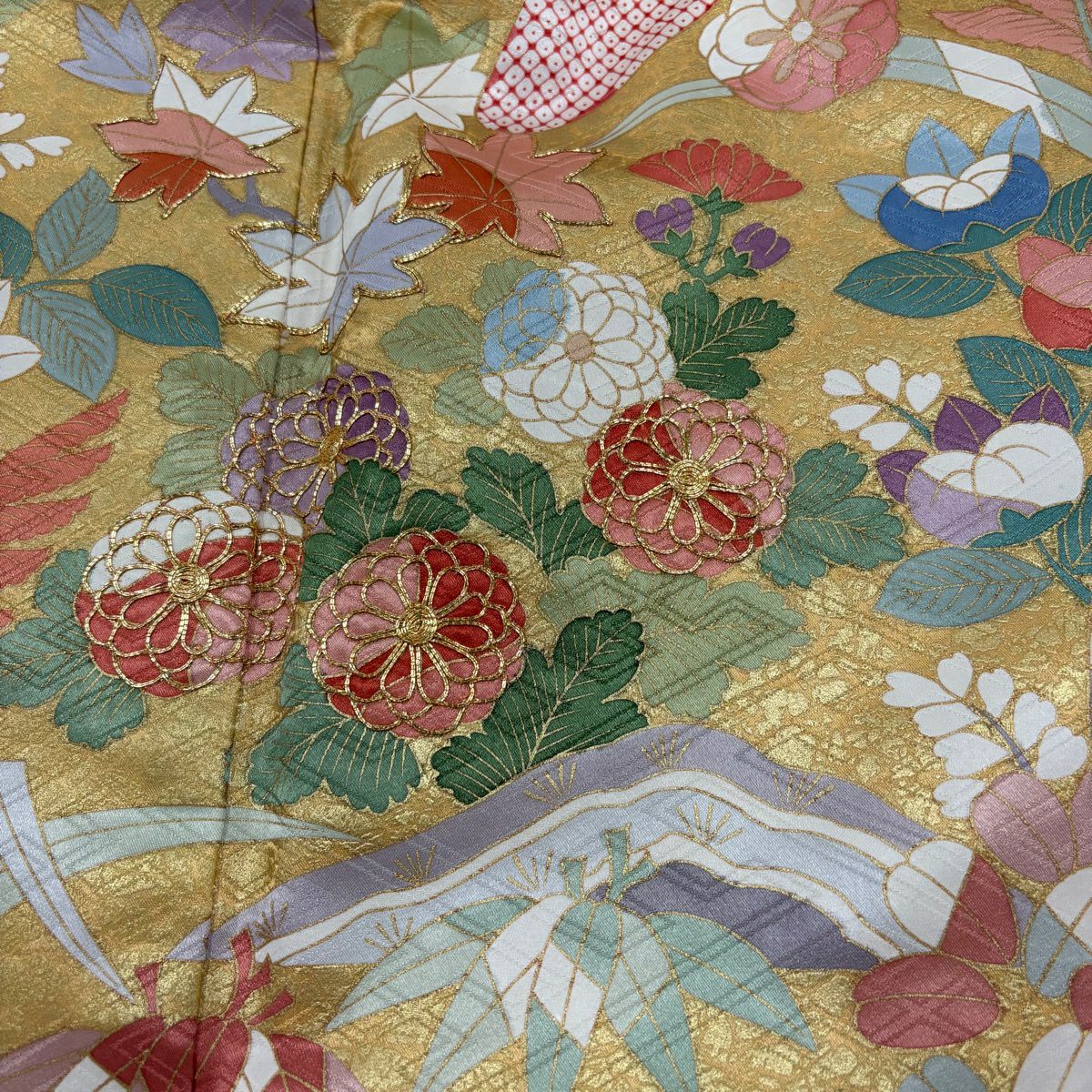 振袖禮服 身長159.5cm 袖長64cm M 雙層 菊花 草花紋紋 金絲 金銀彩 粉色 純蠶絲 秀品級