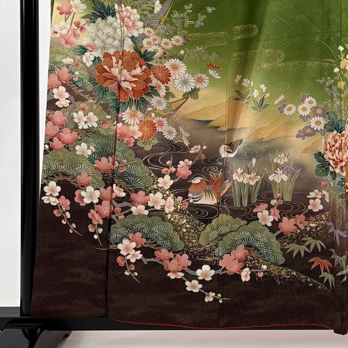 振袖禮服 身長160cm 袖長65cm M 雙層 松樹竹子梅花 鳥 金彩裝飾 染分 鶯 經典純蠶絲 優品級