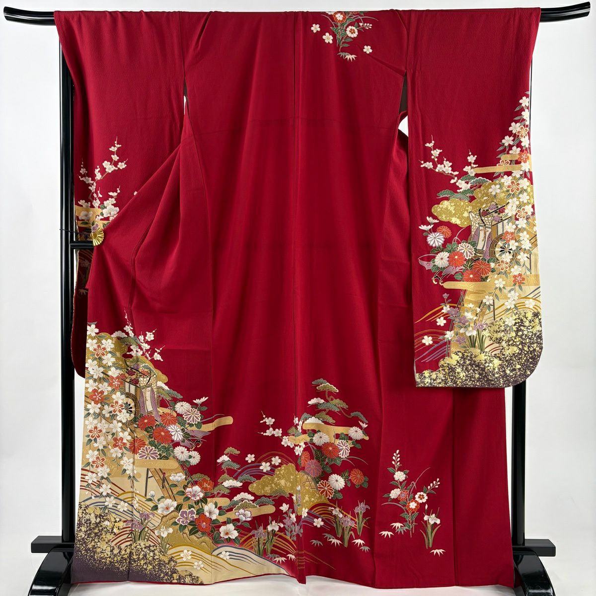 振袖禮服 身長167.5cm 袖長68.5cm L 雙層 御所車 草花紋紋 金彩裝飾 紅 純蠶絲 秀品級