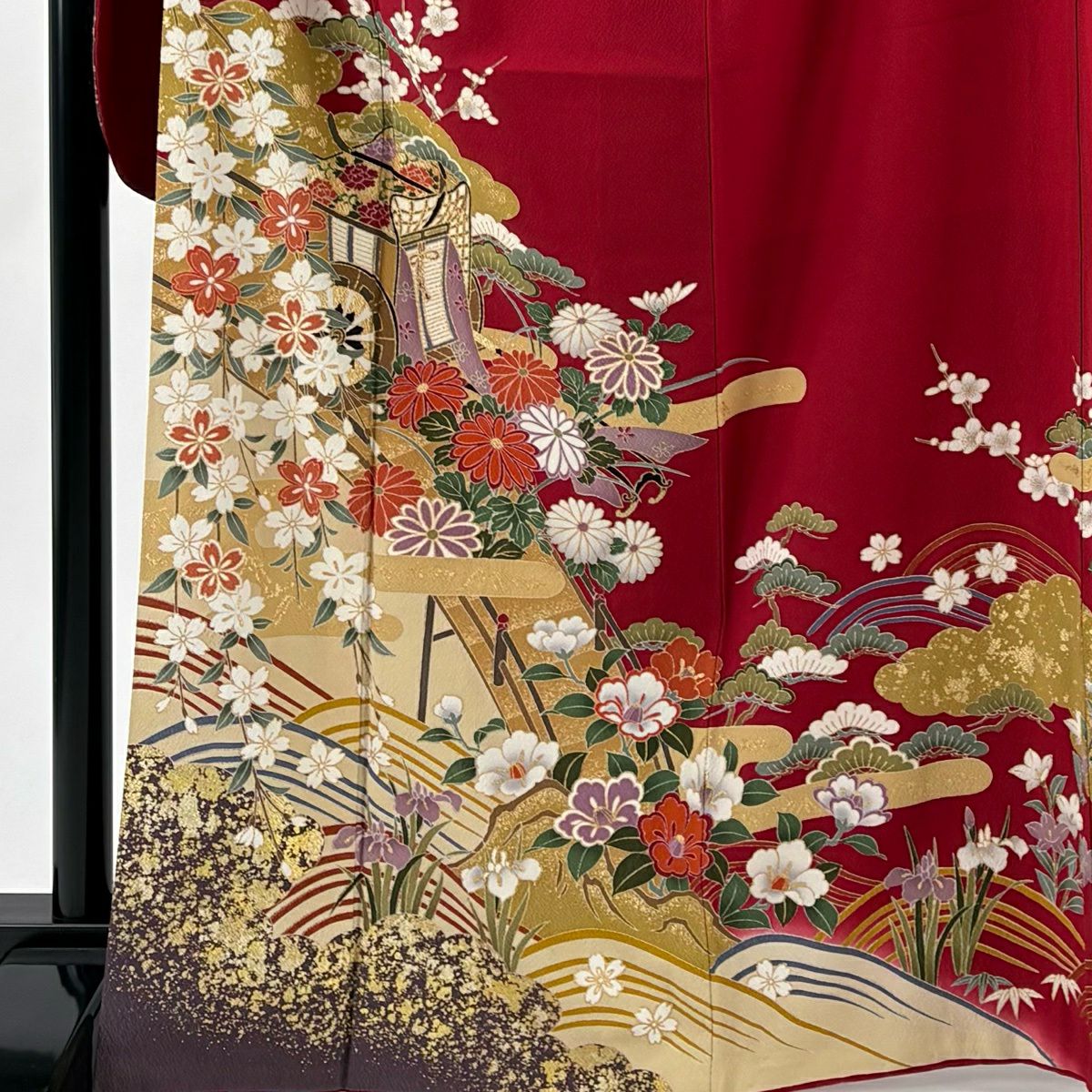 振袖禮服 身長167.5cm 袖長68.5cm L 雙層 御所車 草花紋紋 金彩裝飾 紅 純蠶絲 秀品級