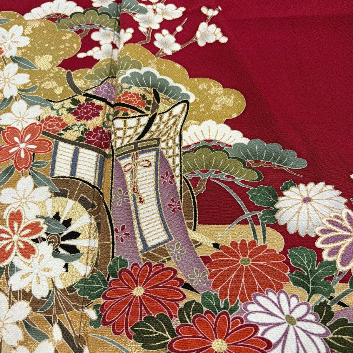 振袖禮服 身長167.5cm 袖長68.5cm L 雙層 御所車 草花紋紋 金彩裝飾 紅 純蠶絲 秀品級