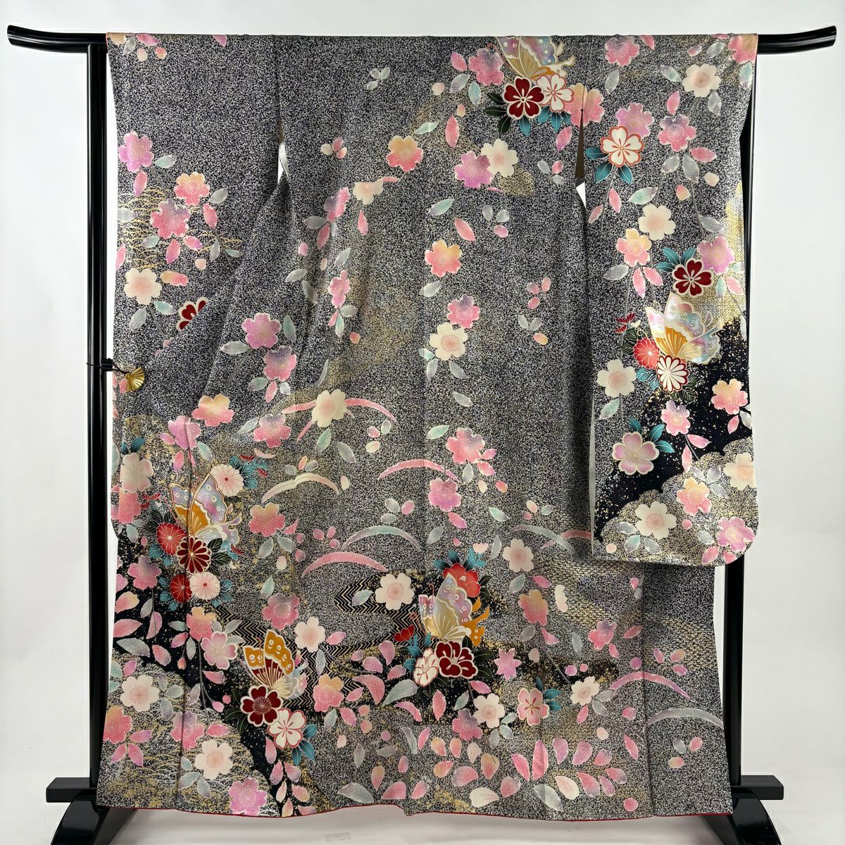 振袖禮服 身長163cm 袖長64.5cm M 雙層 蝶 櫻花 金絲 金銀彩 黑灰 純蠶絲 秀品級