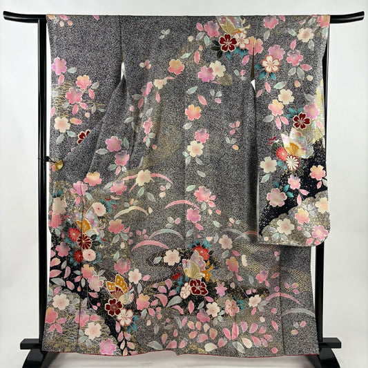 振袖禮服 身長163cm 袖長64.5cm M 雙層 蝶 櫻花 金絲 金銀彩 黑灰 純蠶絲 秀品級