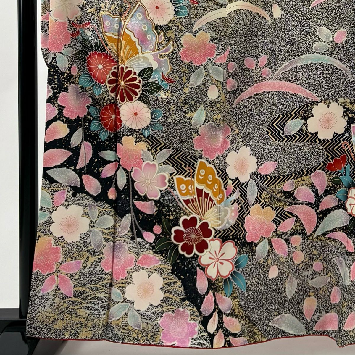 振袖禮服 身長163cm 袖長64.5cm M 雙層 蝶 櫻花 金絲 金銀彩 黑灰 純蠶絲 秀品級