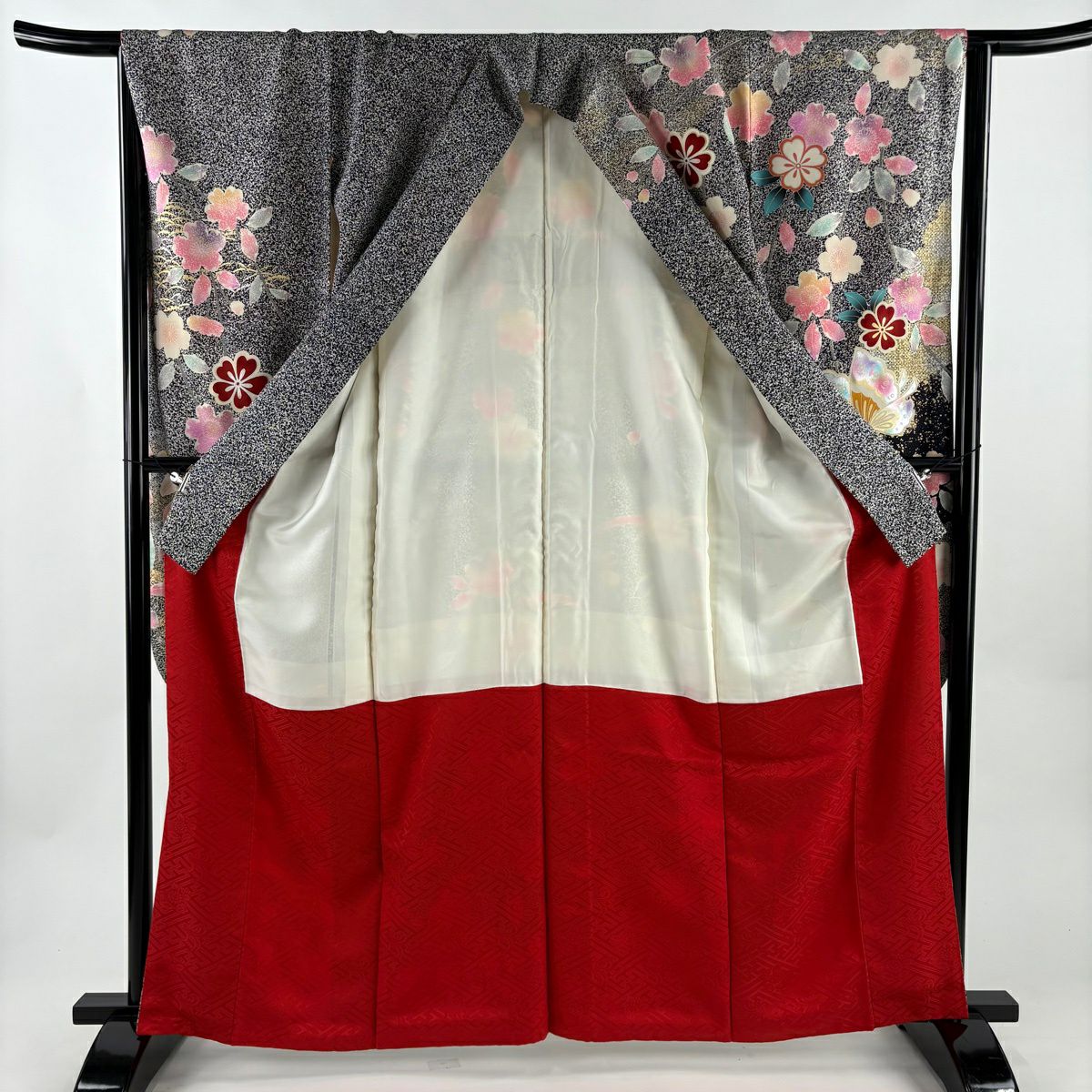 振袖禮服 身長163cm 袖長64.5cm M 雙層 蝶 櫻花 金絲 金銀彩 黑灰 純蠶絲 秀品級