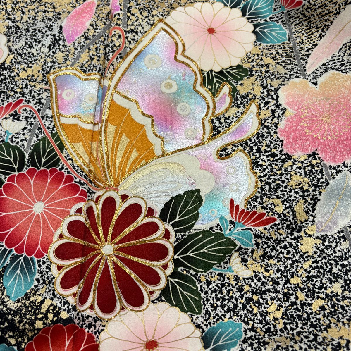 振袖禮服 身長163cm 袖長64.5cm M 雙層 蝶 櫻花 金絲 金銀彩 黑灰 純蠶絲 秀品級