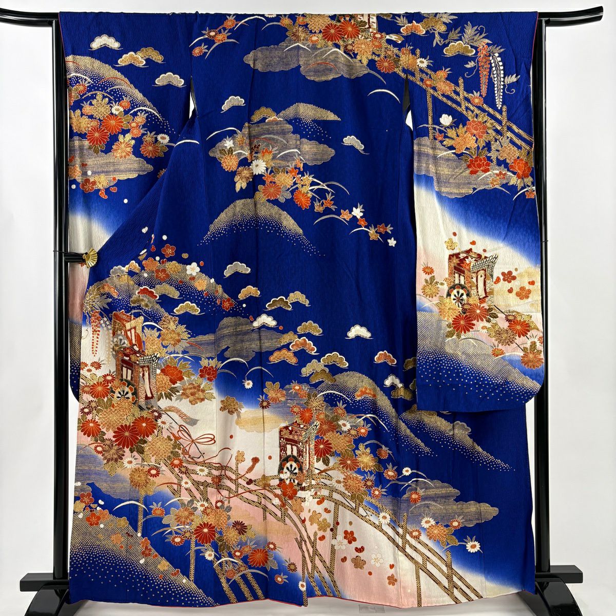 振袖禮服 身長163.5cm 袖長64cm M 雙層 御所車 菊花 金銀彩 染分 青紫 純蠶絲 秀品級