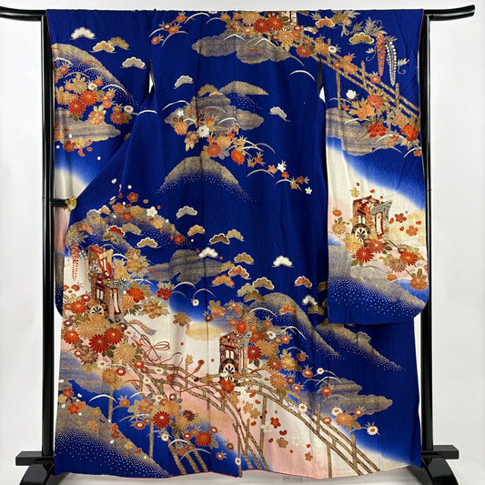 振袖禮服 身長163.5cm 袖長64cm M 雙層 御所車 菊花 金銀彩 染分 青紫 純蠶絲 秀品級