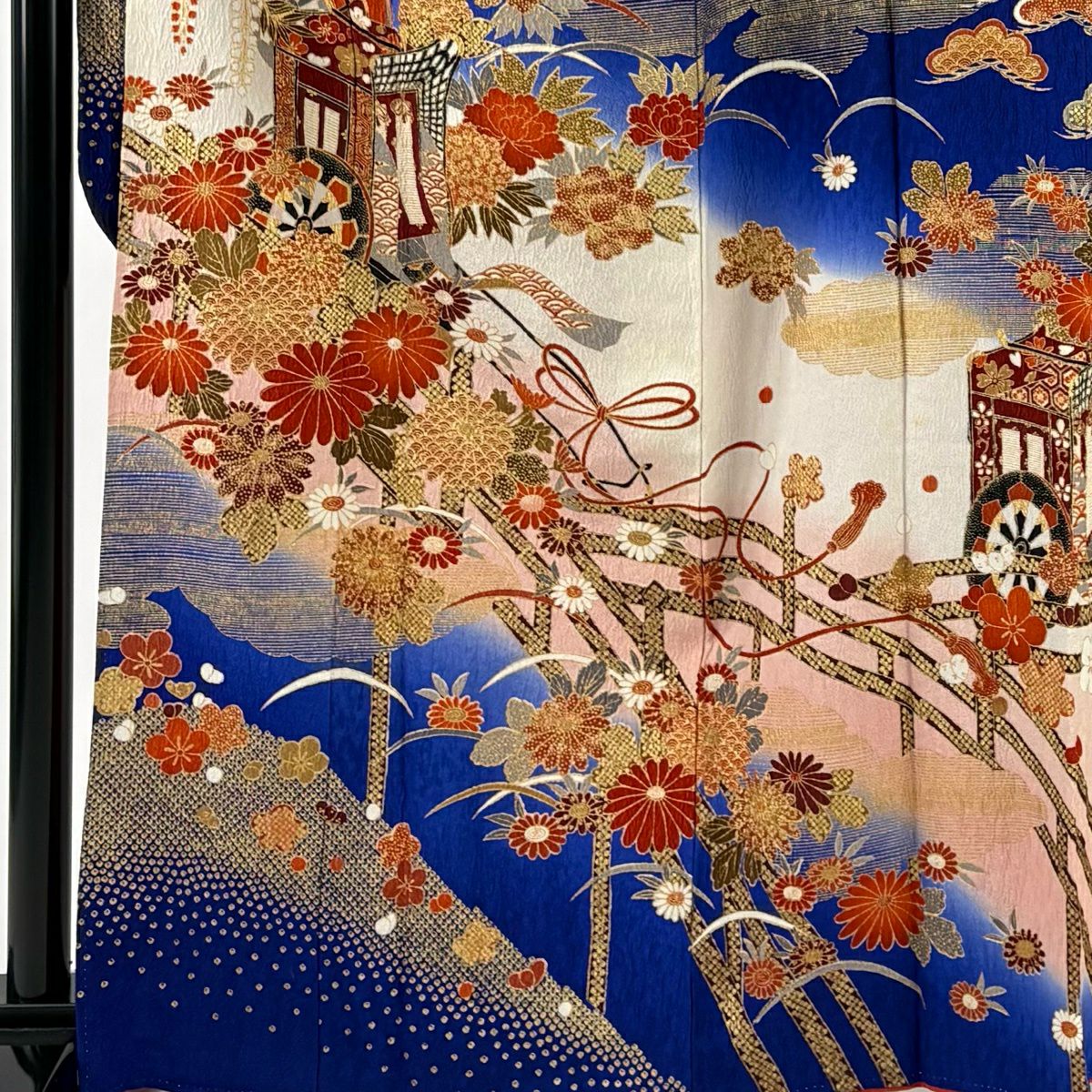 振袖禮服 身長163.5cm 袖長64cm M 雙層 御所車 菊花 金銀彩 染分 青紫 純蠶絲 秀品級