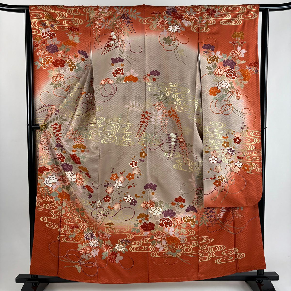 振袖禮服 身長159.5cm 袖長61cm S 雙層 草花紋紋 組紐 金彩裝飾 染分 灰茶 純蠶絲 秀品級