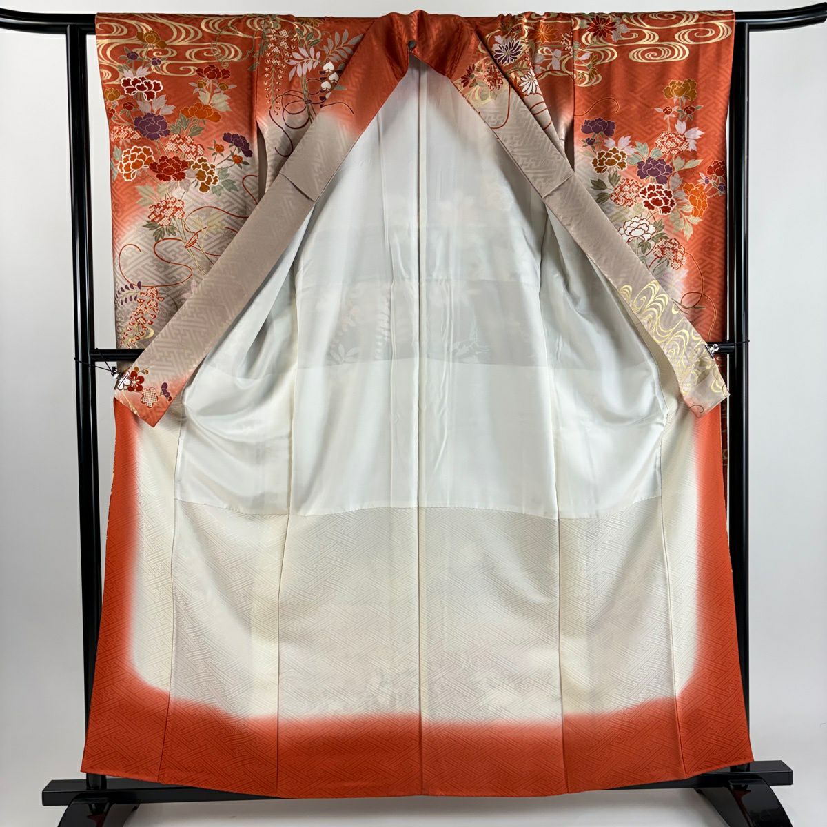 振袖禮服 身長159.5cm 袖長61cm S 雙層 草花紋紋 組紐 金彩裝飾 染分 灰茶 純蠶絲 秀品級