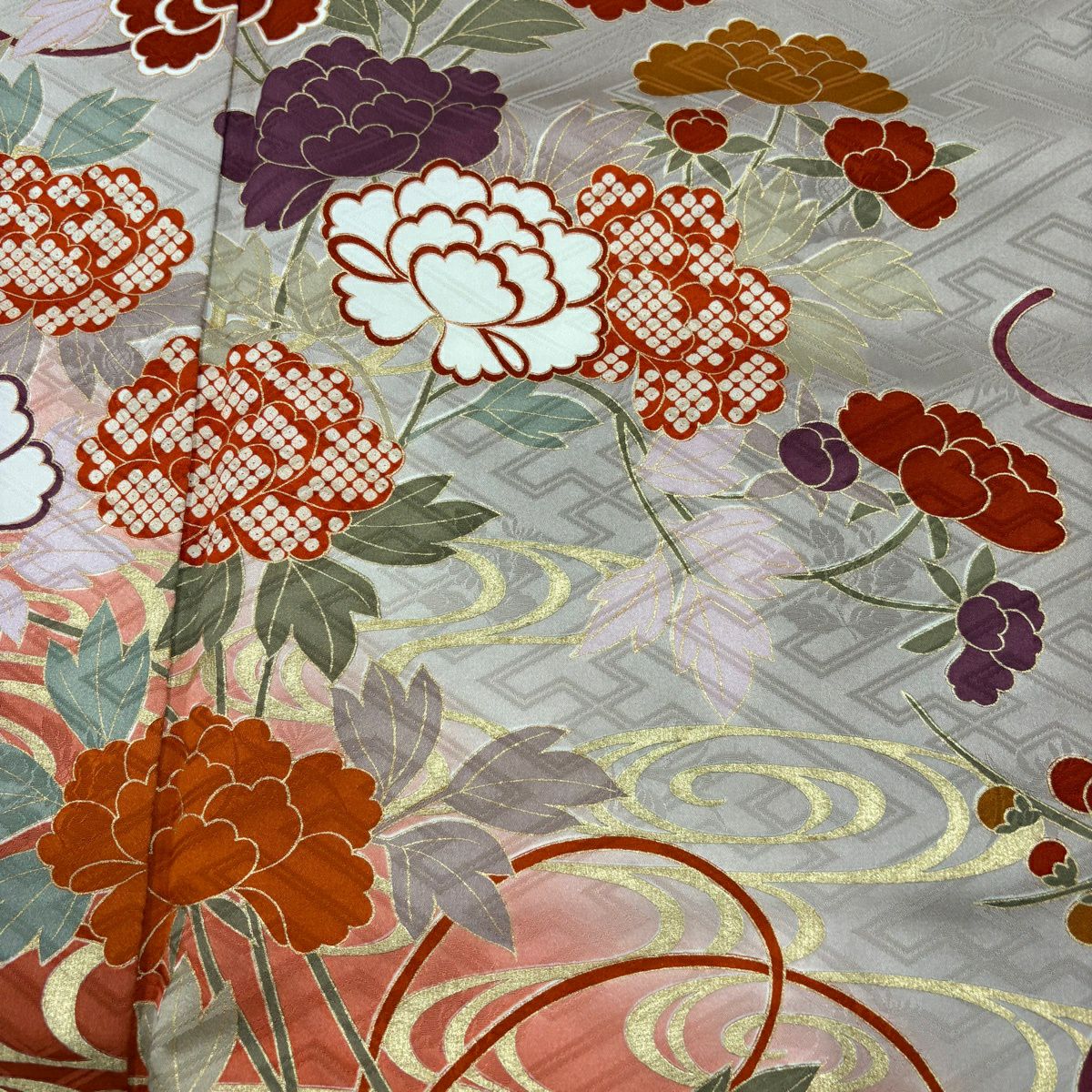 振袖禮服 身長159.5cm 袖長61cm S 雙層 草花紋紋 組紐 金彩裝飾 染分 灰茶 純蠶絲 秀品級