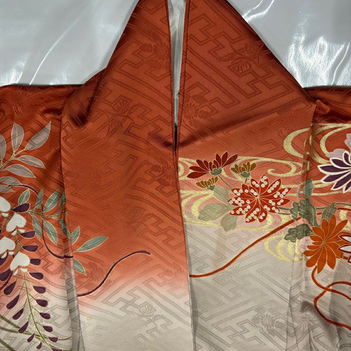 振袖禮服 身長159.5cm 袖長61cm S 雙層 草花紋紋 組紐 金彩裝飾 染分 灰茶 純蠶絲 秀品級
