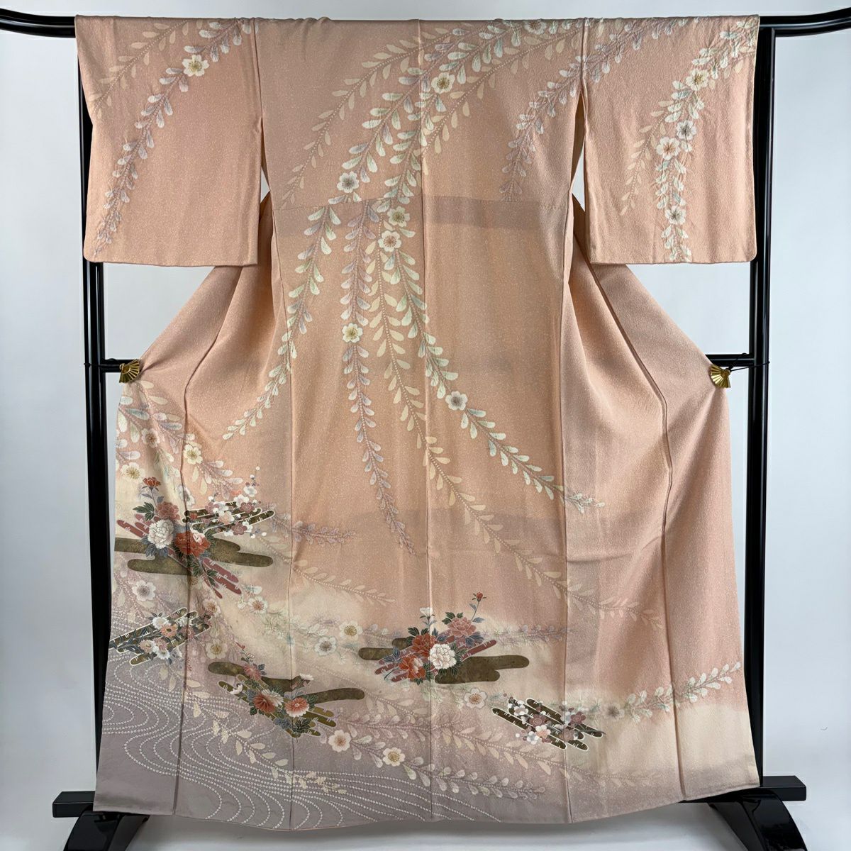 訪問服 身長162.5cm 袖長66cm M 雙層 花筏 流水 金銀彩 絞染 粉紅 純蠶絲 秀品級