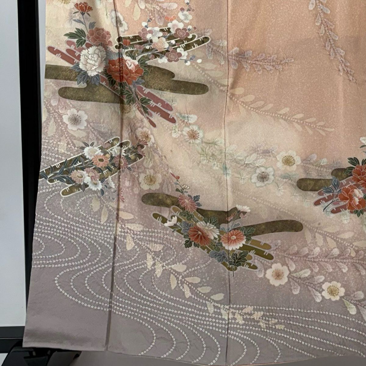 訪問服 身長162.5cm 袖長66cm M 雙層 花筏 流水 金銀彩 絞染 粉紅 純蠶絲 秀品級