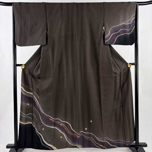 付下 身長160.5cm 袖長66cm M 雙層 金金箔散佈 幾何學 金銀彩 金金箔 焦茶 純蠶絲 優品級