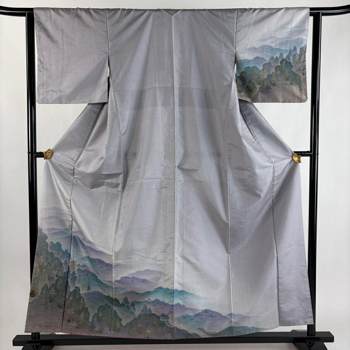 付下 身長157cm 袖長63cm S 雙層 紬織織 落款 風景 建物 金銀彩 漸層 灰紫 純蠶絲 優品級