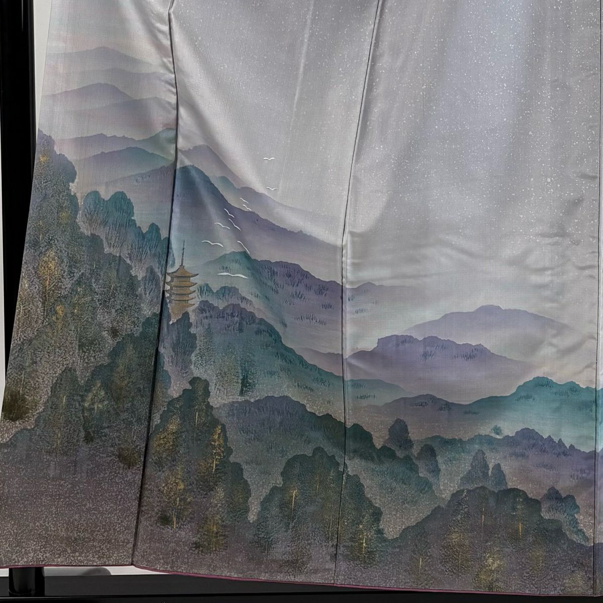 付下 身長157cm 袖長63cm S 雙層 紬織織 落款 風景 建物 金銀彩 漸層 灰紫 純蠶絲 優品級