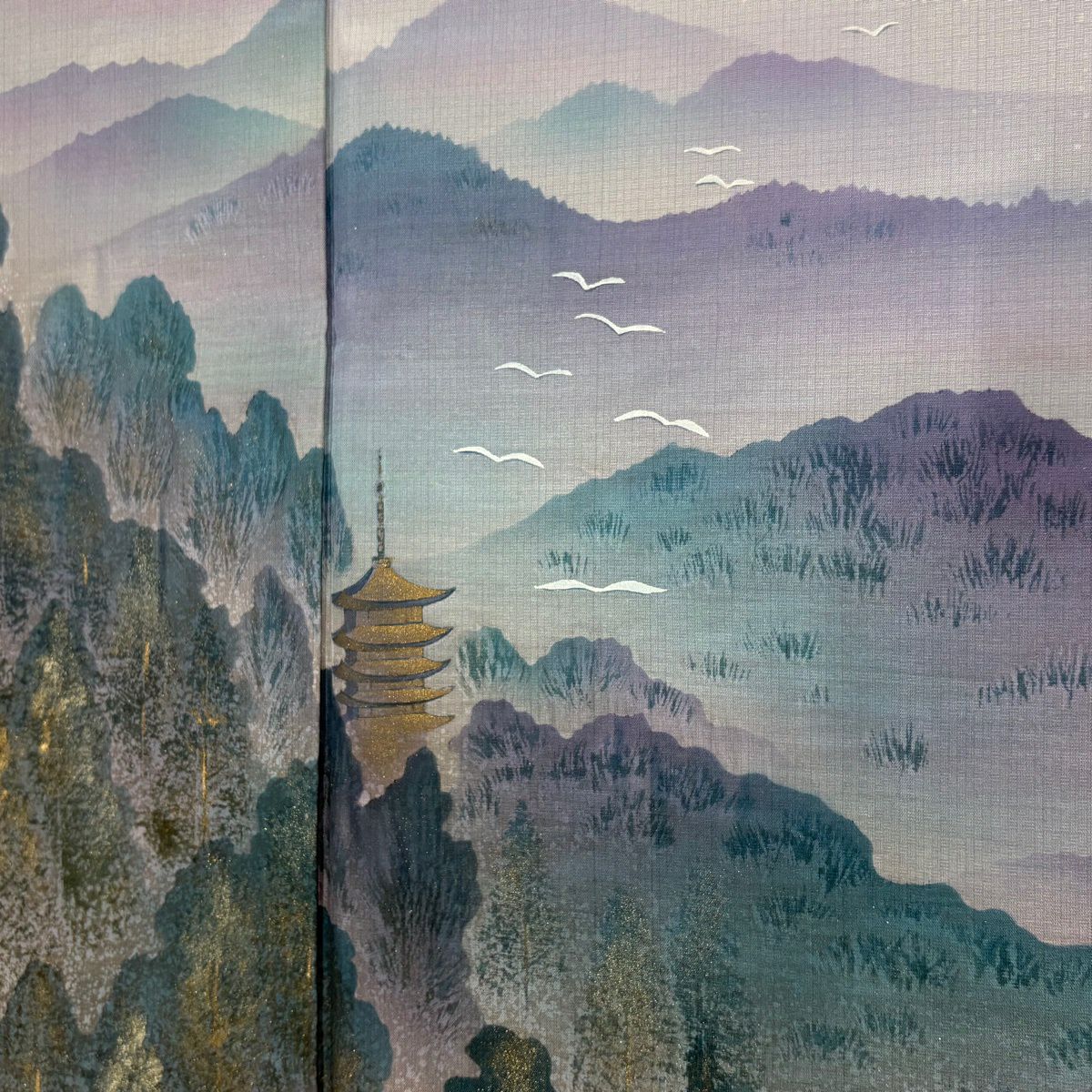 付下 身長157cm 袖長63cm S 雙層 紬織織 落款 風景 建物 金銀彩 漸層 灰紫 純蠶絲 優品級