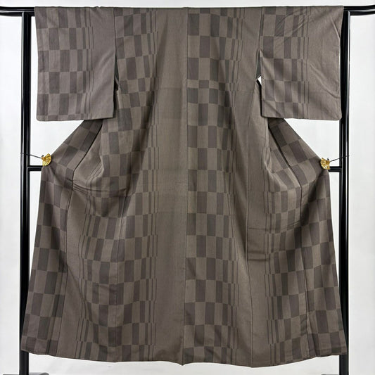 【美品】 小紋 身長151cm 袖長63.5cm S 雙層 變化市松樹 灰茶 純蠶絲 優品級