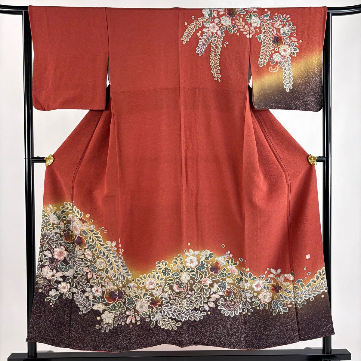 【美品】訪問服 身長153cm 袖長64.5cm M 雙層 落款あり 辻花染 漸層 茜 純蠶絲 秀品級