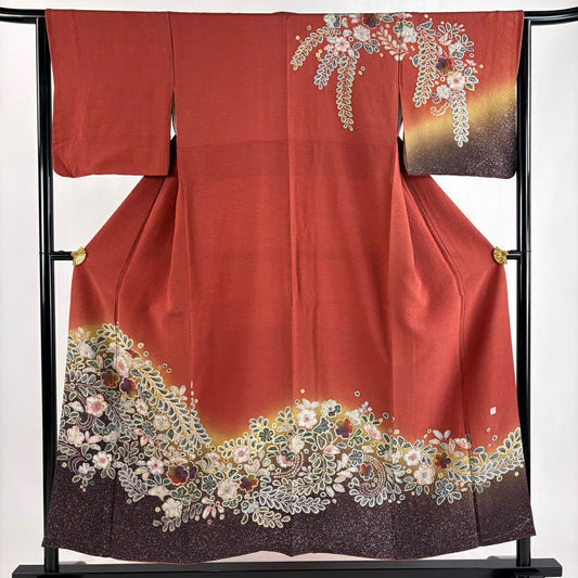【美品】訪問服 身長153cm 袖長64.5cm M 雙層 落款あり 辻花染 漸層 茜 純蠶絲 秀品級