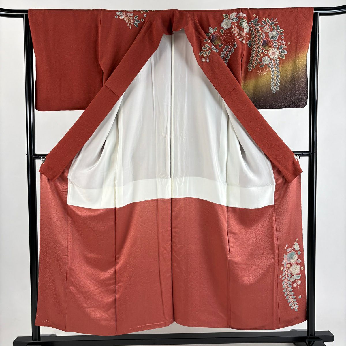 【美品】訪問服 身長153cm 袖長64.5cm M 雙層 落款あり 辻花染 漸層 茜 純蠶絲 秀品級