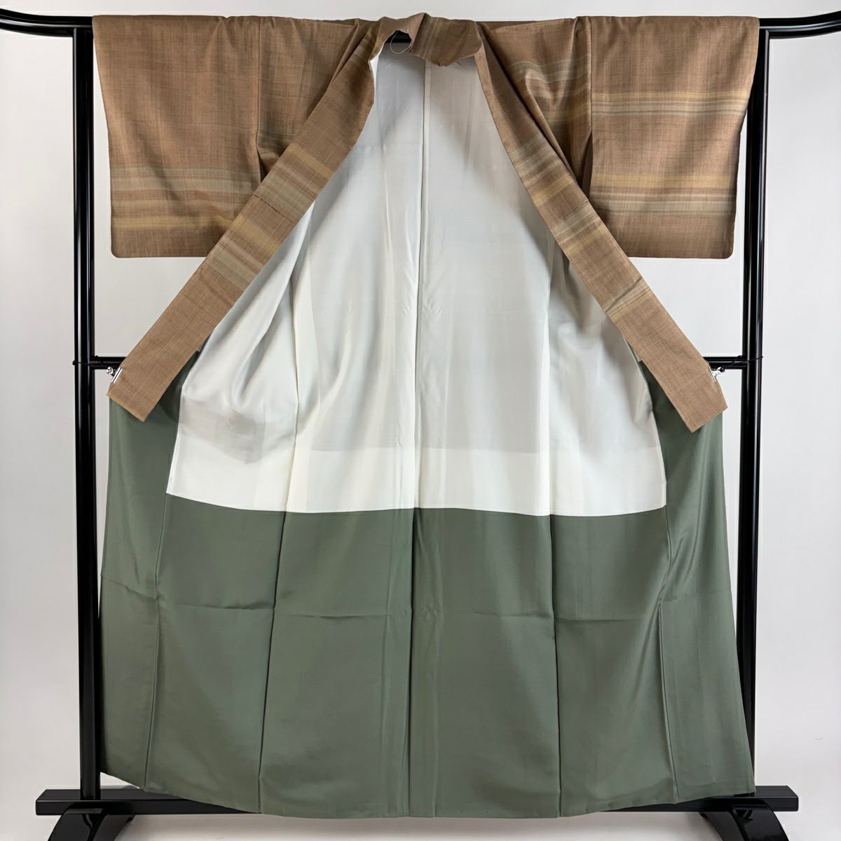 【美品】 紬織 身長160.5cm 袖長64cm M 雙層 段紋 茶 純蠶絲 秀品級