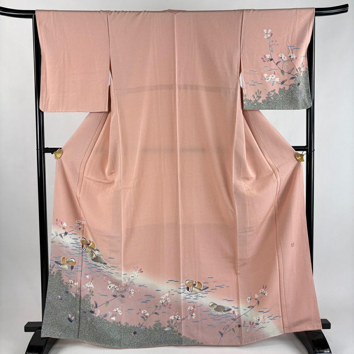 【美品】訪問服 身長166.5cm 袖長65.5cm M 雙層 落款あり 鴛鴦 草花紋紋 漸層 粉紅 純蠶絲 秀品級
