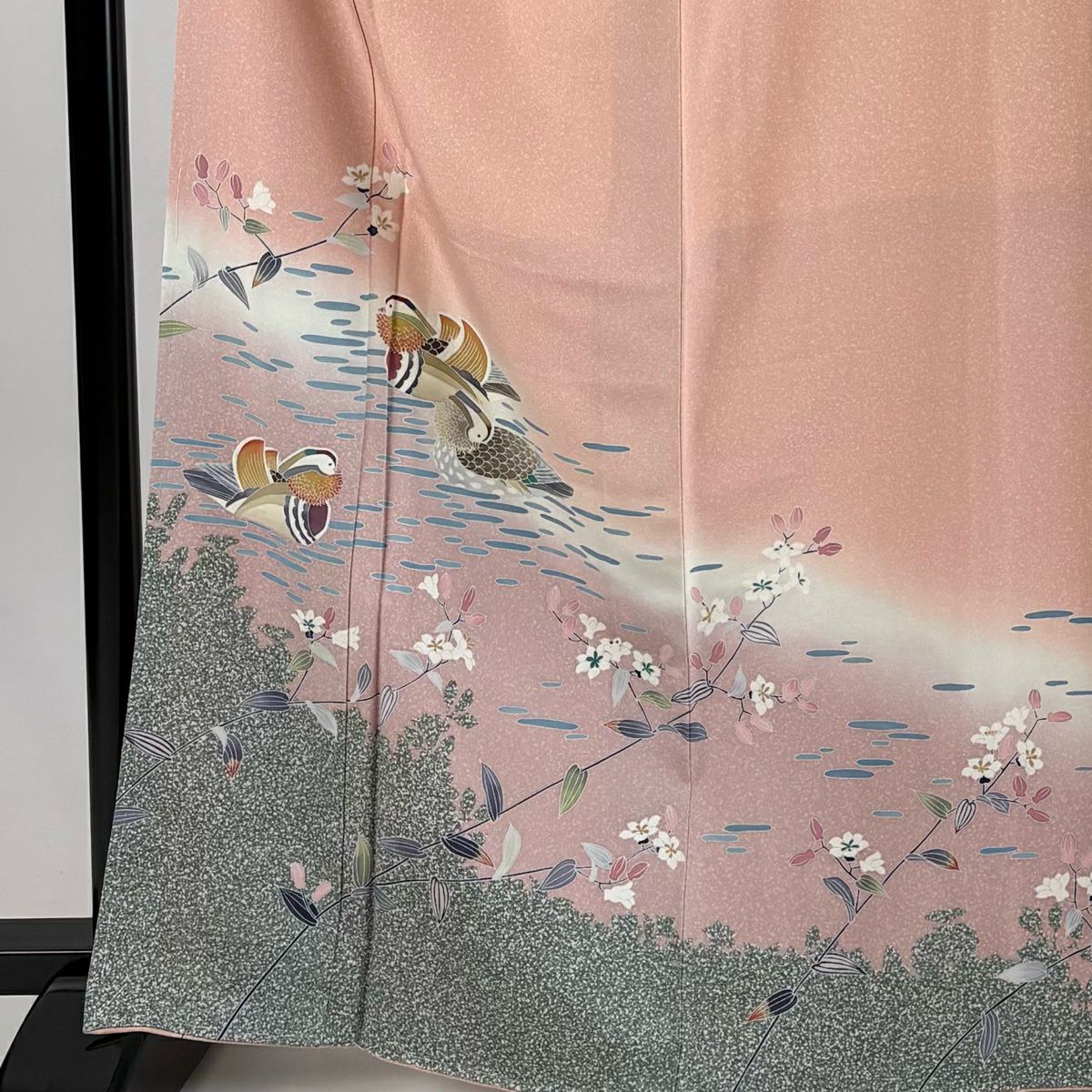 【美品】訪問服 身長166.5cm 袖長65.5cm M 雙層 落款あり 鴛鴦 草花紋紋 漸層 粉紅 純蠶絲 秀品級