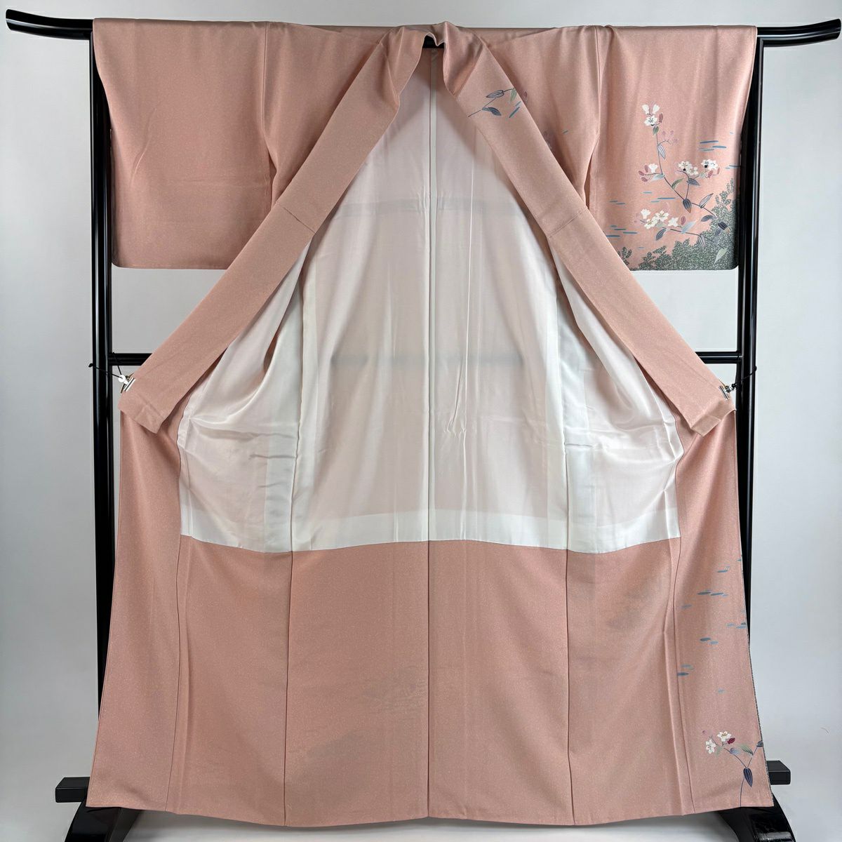 【美品】訪問服 身長166.5cm 袖長65.5cm M 雙層 落款あり 鴛鴦 草花紋紋 漸層 粉紅 純蠶絲 秀品級