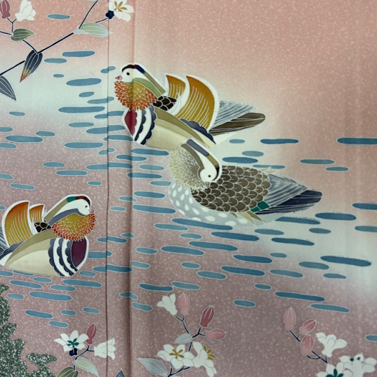 【美品】訪問服 身長166.5cm 袖長65.5cm M 雙層 落款あり 鴛鴦 草花紋紋 漸層 粉紅 純蠶絲 秀品級
