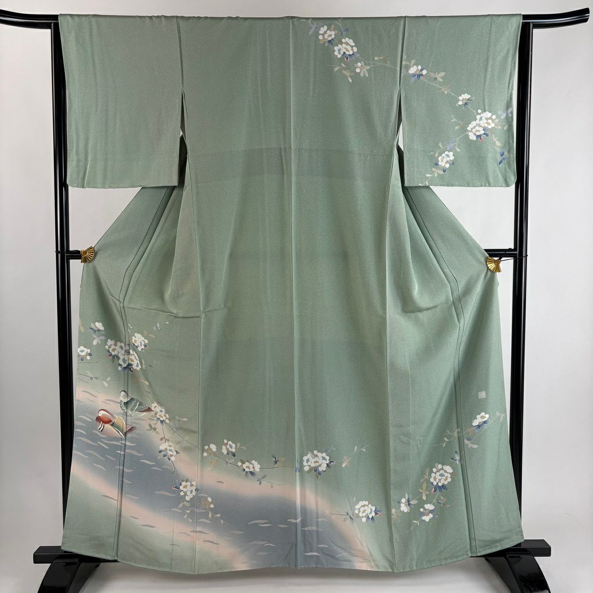 訪問服 身長162.5cm 袖長64.5cm M 雙層 落款有 鴛鴦 枝花 漸層 灰綠 純蠶絲 優品級